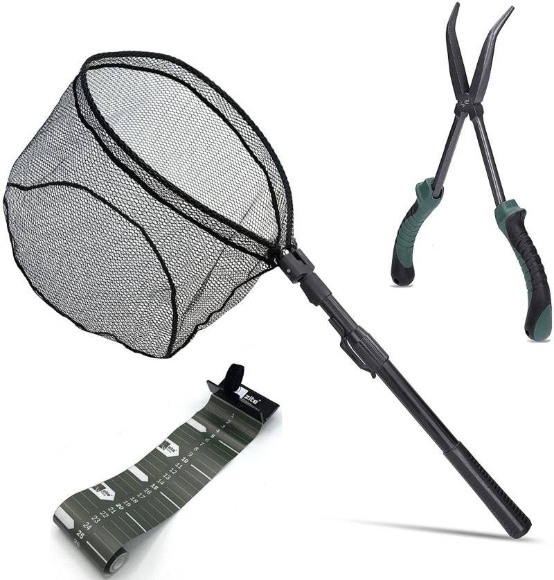 Spinnkescher Gummiert + Hakenlösezange + Scale Maßband Aufrollbar Zite Fishing Set