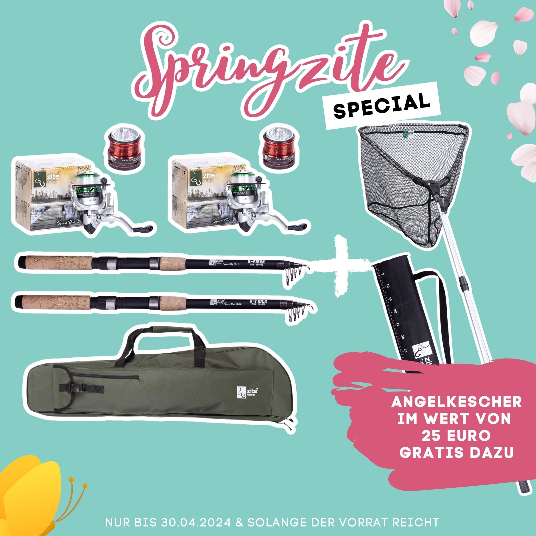 Springzite Deal: 2x Teleskoprute 2,40m + 2x bespulte Angelrolle + Rutentasche 1m & Kescher 1,6m GRATIS