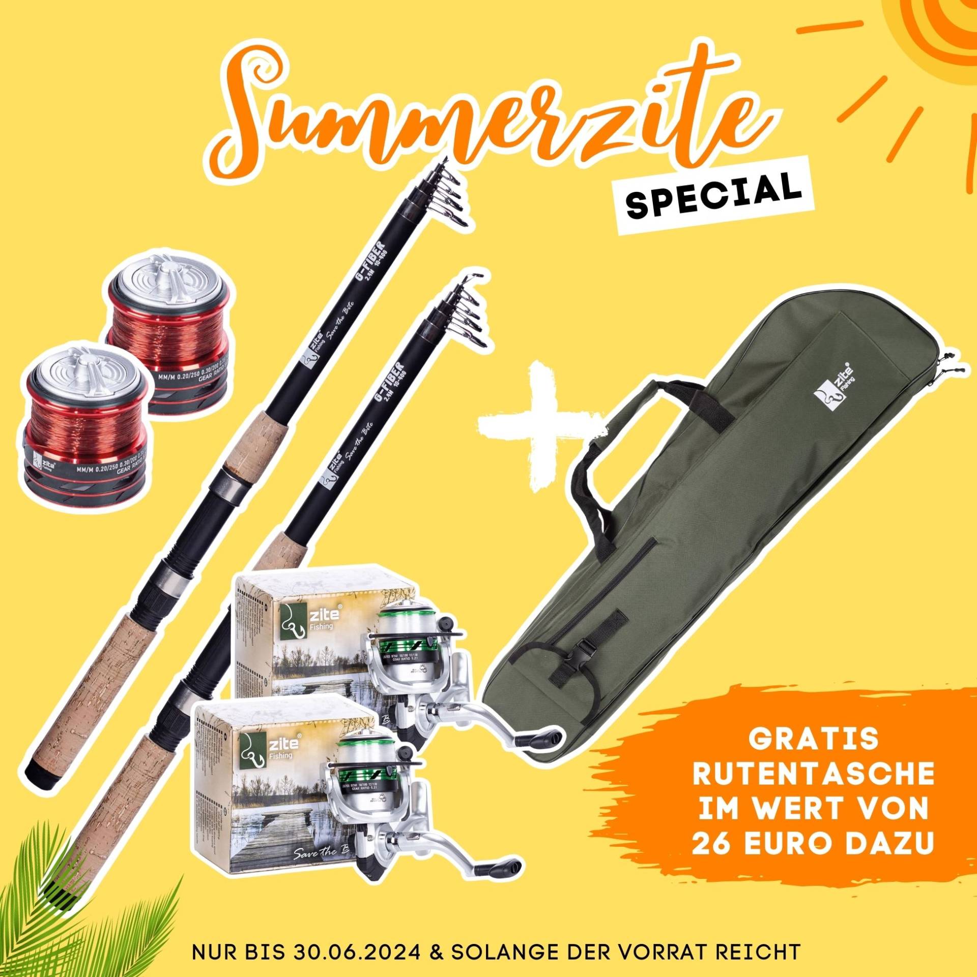 Summerzite Deal: 2x Teleskoprute 2,70m & 2x bespulte Angelrolle + Rutentasche 1m GRATIS
