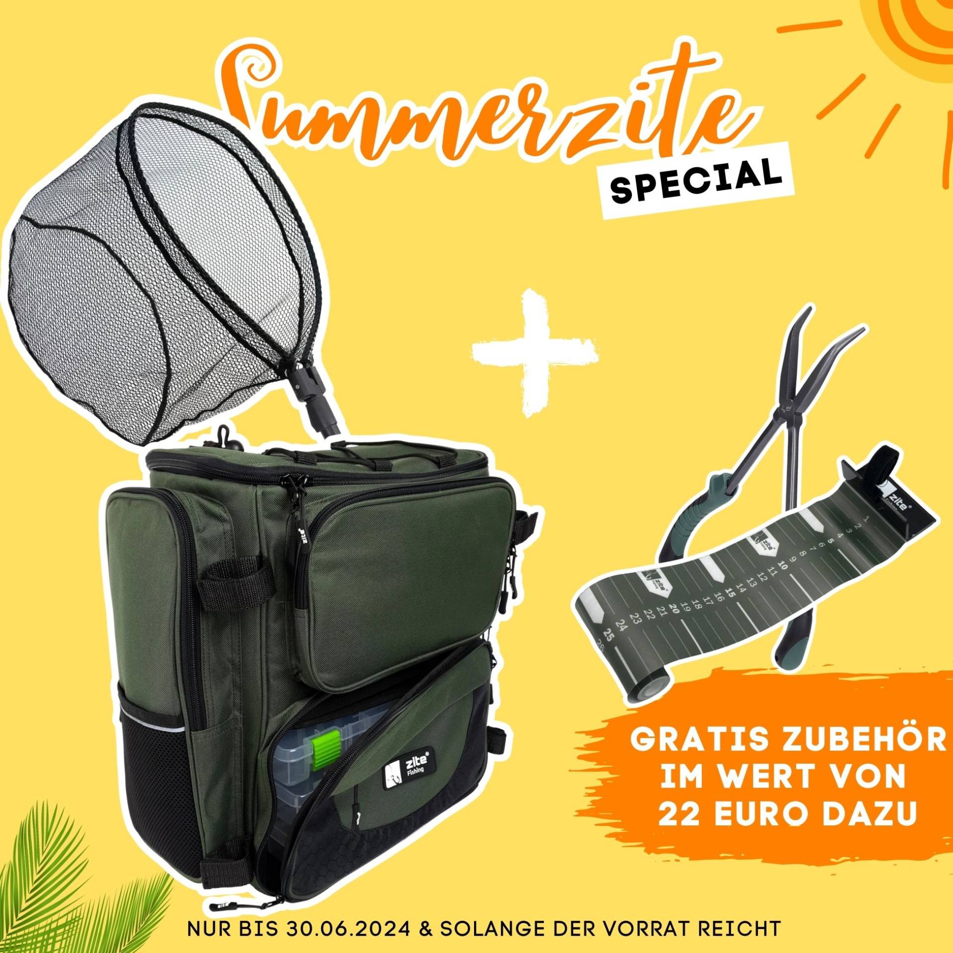 Summerzite Deal: Angelrucksack & Spinnkescher 1,13m + Maßband 1,20m & Hakenlöser-Zange 28cm GRATIS