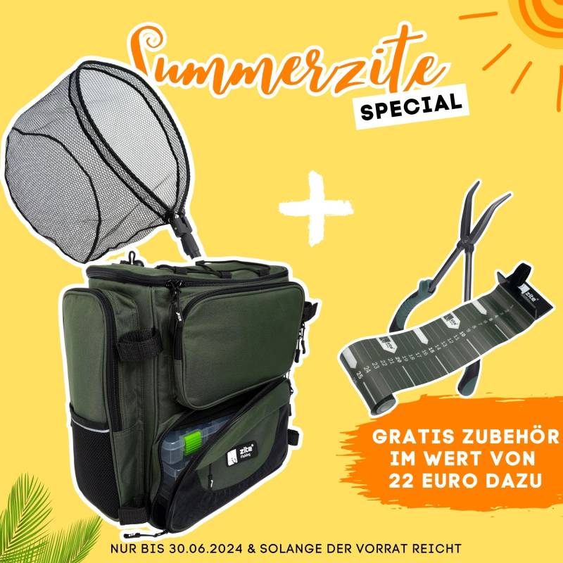 Summerzite Deal: Angelrucksack & Spinnkescher 1,13m + Maßband 1,20m & Hakenlöser-Zange 28cm GRATIS Summerzite Deal: Angelrucksack & Spinnkescher 1,13m + Maßband 1,20m & Hakenlöser-Zange 28cm GRATIS