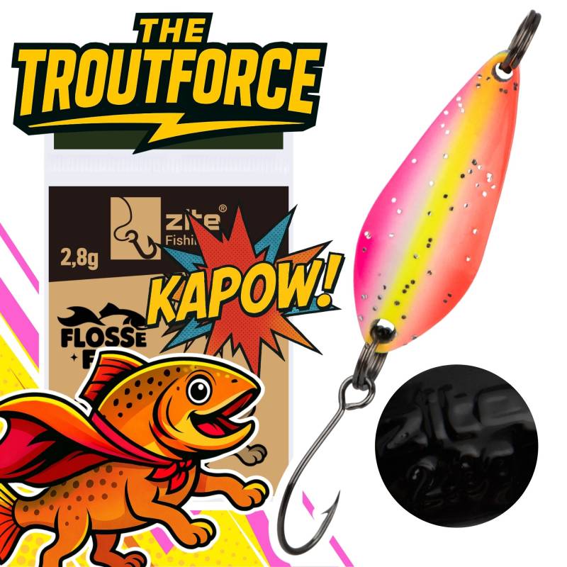 The Troutforce Spoon KAPOW! 2,8 g – Flossefix – UV-aktiver Spoon für Forellenangeln Zite Fishing