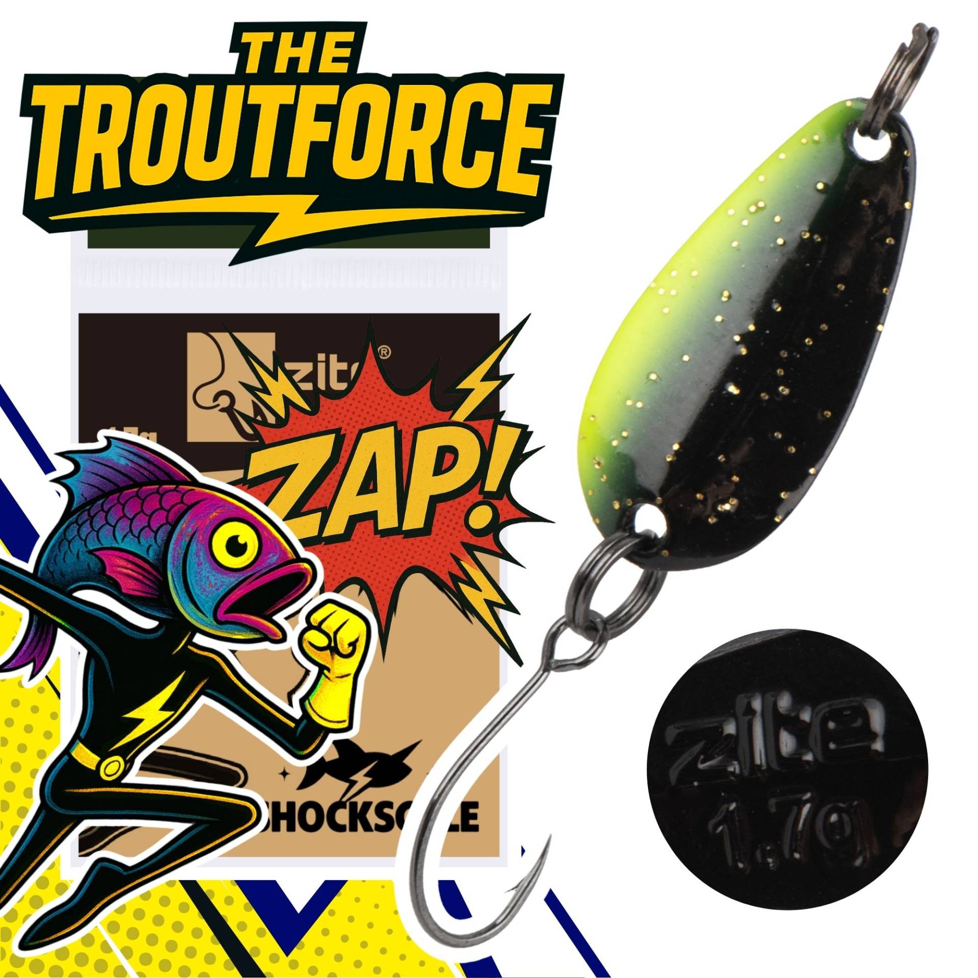 The Troutforce Spoon ZAP! 1,7 g – Shockscale – UV-aktiver UL Forellenspoon Zite Fishing