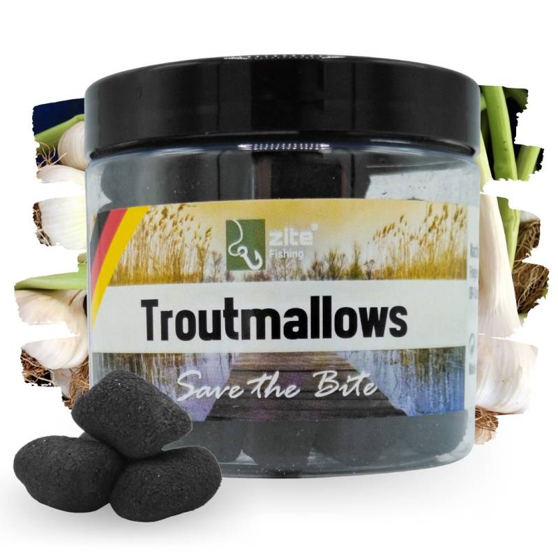 Troutmallows Angelköder Forelle Schwarz Knoblauch-Aroma 40 g Zite Fishing