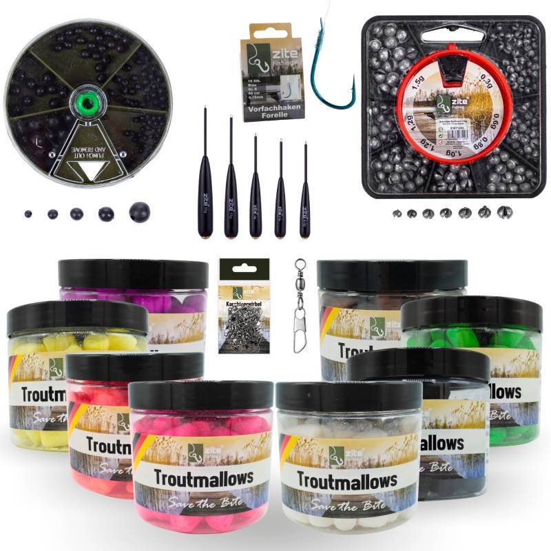 Troutmallows XXL Einsteigerset mit Bodentastern, Haken, Wirbeln, Gummiperlen & Mehr Troutmallows XXL Einsteigerset mit Bodentastern, Haken, Wirbeln, Gummiperlen & Mehr