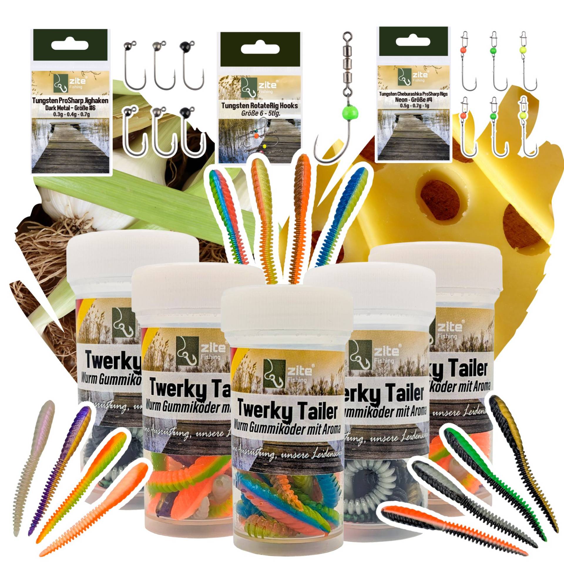 Twerky Tailer Gummiköder Forelle Starterset mit Tungsten Jighaken & Cheburashka Zite Fishing