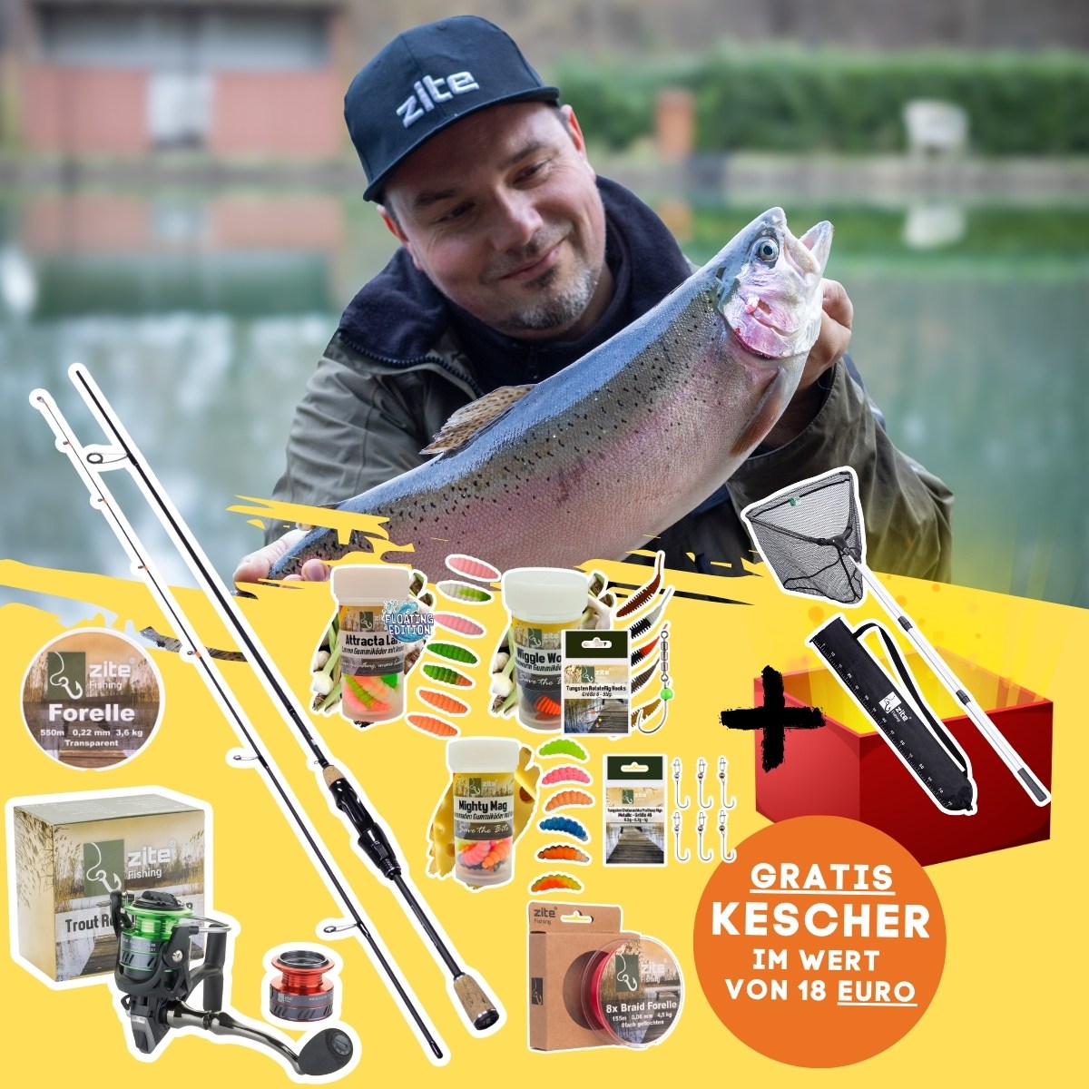 UL Forellen Gummiköder Rute 200cm - Trout Reel 1000 3+1BB - Köder - Schnur - Haken + GRATIS Kescher