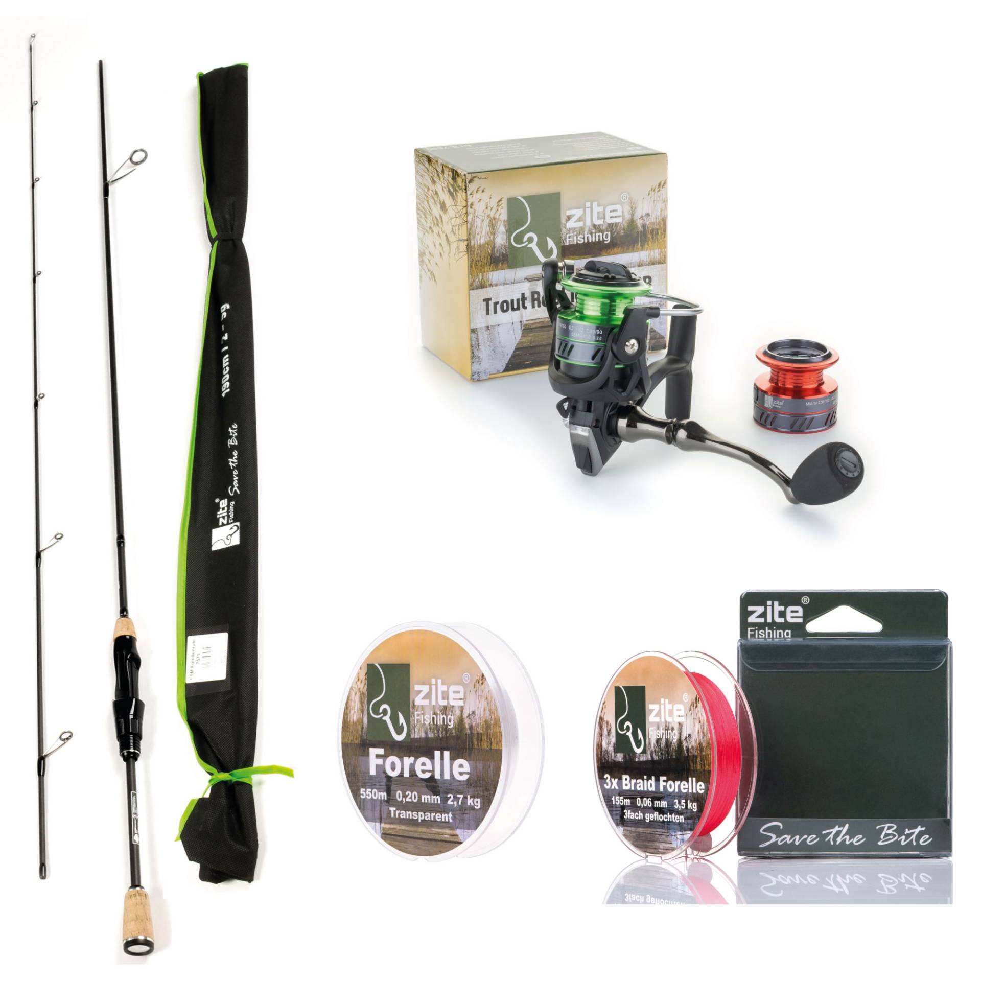 Ultra Light Angelset Spoon Rute 210cm + Angelrolle 1000 3+1 BB + 3x Schnur geflochten 0,06mm