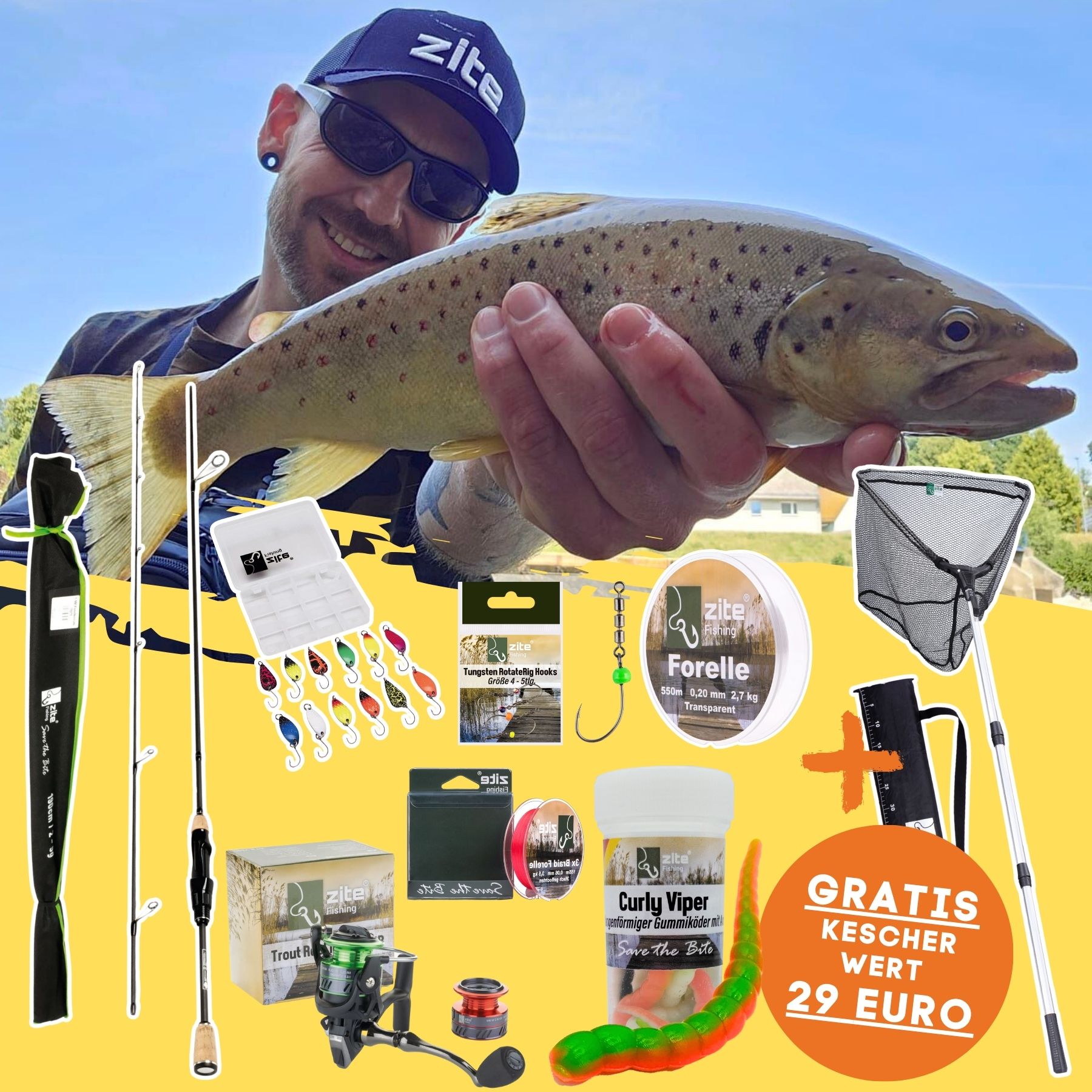 Ultra Light Forellen Komplettset mit Spoonrute, Rolle, Angelschnur, Kunstködern & Rotate Hooks + GRATIS Kescher