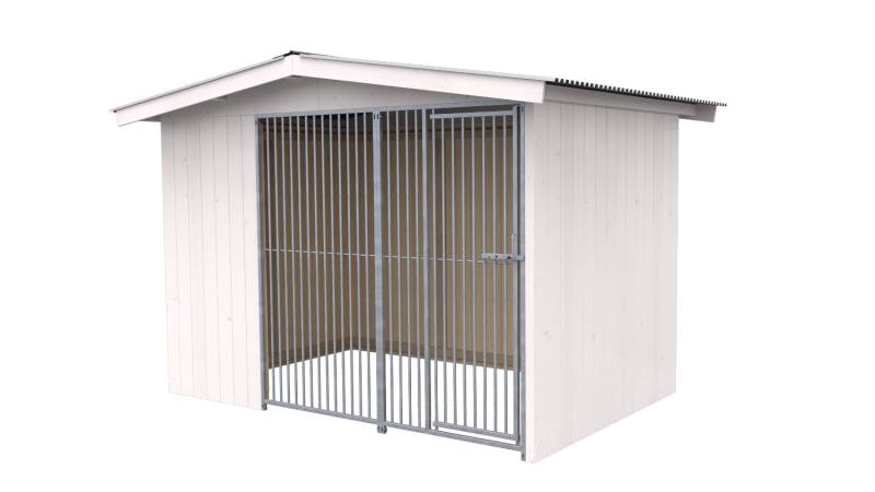 Villa Holz-Hundezwinger 2 x 3 m | Satteldach | Weiß lasiert | Rohrstab Abstand 5...