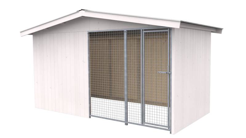 Villa Holz-Hundezwinger 2 x 4 m | Satteldach | Weiß lasiert | Gitter