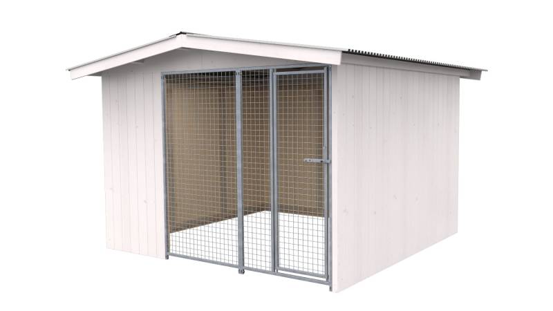 Villa Holz-Hundezwinger 3 x 3 m | Satteldach | Weiß lasiert | Gitter