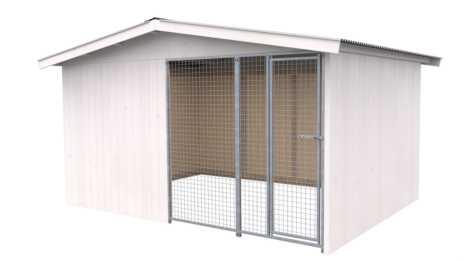 Villa Holz-Hundezwinger 3 x 4 m | Satteldach | Weiß lasiert | Gitter Villa Holz-Hundezwinger 3 x 4 m | Satteldach | Weiß lasiert | Gitter