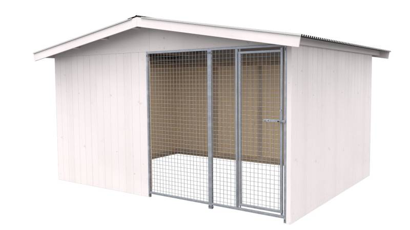 Villa Holz-Hundezwinger 3 x 4 m | Satteldach | Weiß lasiert | Gitter