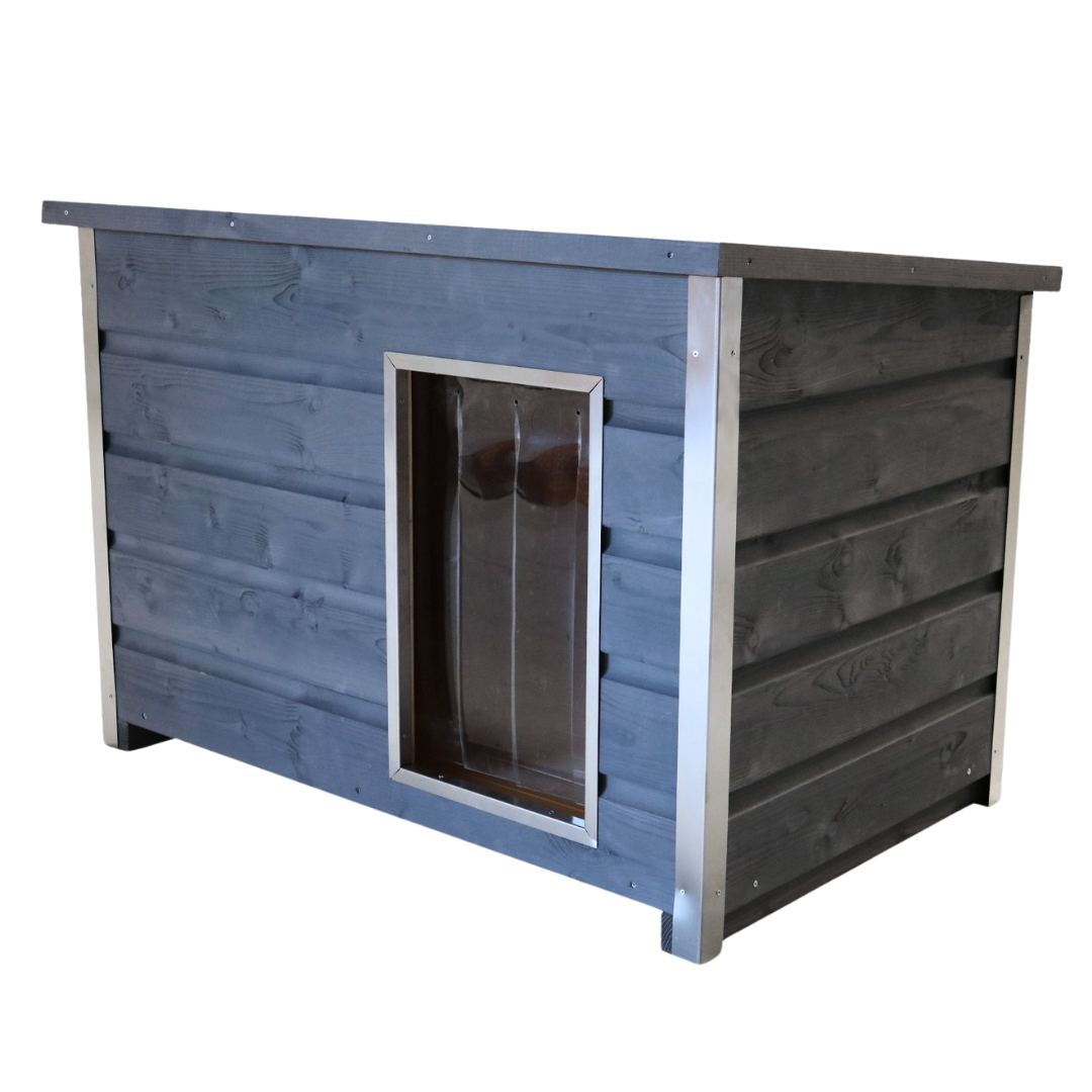 Wetterfeste Holz-Hundehütte grau mit aufklappbarem Flachdach, 110x70x80 cm Wetterfeste Holz-Hundehütte grau mit aufklappbarem Flachdach, 110x70x80 cm