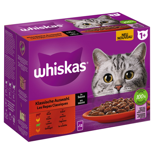 Whiskas Multipack 1+ Klassische Auswahl in Sauce 12 x 85 g - 4 Stück