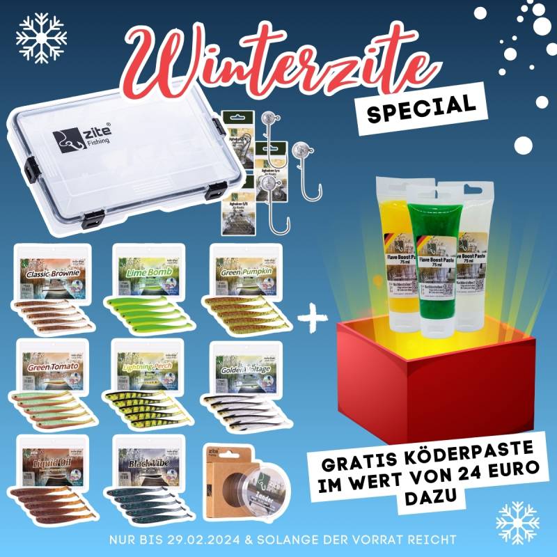 Winterzite Deal: 40x Inzite Shad 12cm & 15x Jighaken 10-20 g & Köderbox + Flave Boost Pasten Gratis Winterzite Deal: 40x Inzite Shad 12cm & 15x Jighaken 10-20 g & Köderbox + Flave Boost Pasten Gratis