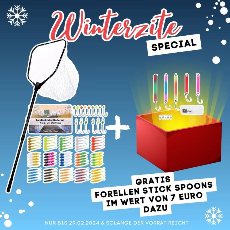 Winterzite Deal: Forellenkescher Gummiert 1,60m & Forellen Gummiköder Starterset + Stick Spoons Gratis Winterzite Deal: Forellenkescher Gummiert 1,60m & Forellen Gummiköder Starterset + Stick Spoons Gratis
