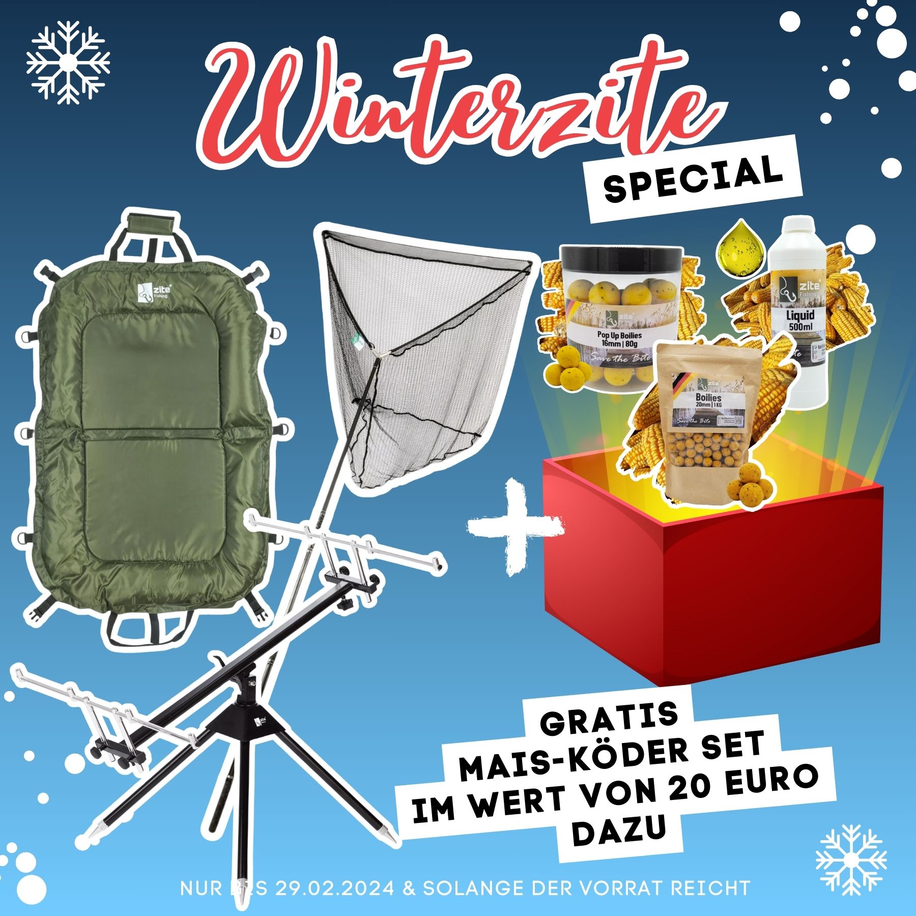 Winterzite Deal: Karpfenkescher & Rod Pod & Abhakmatte + Süßer Mais Boilies & Pop Ups & Liquid Gratis