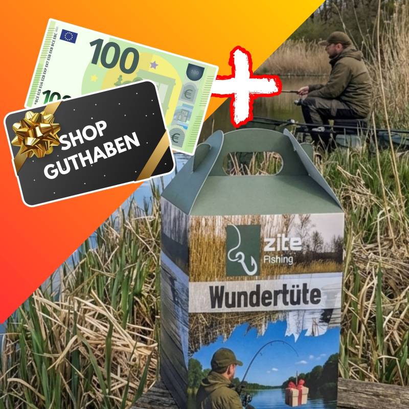 Wundertüte mit Allround Angelzubehör - Überraschungs Anglergeschenk Box mit 100 € Guthabenkarte