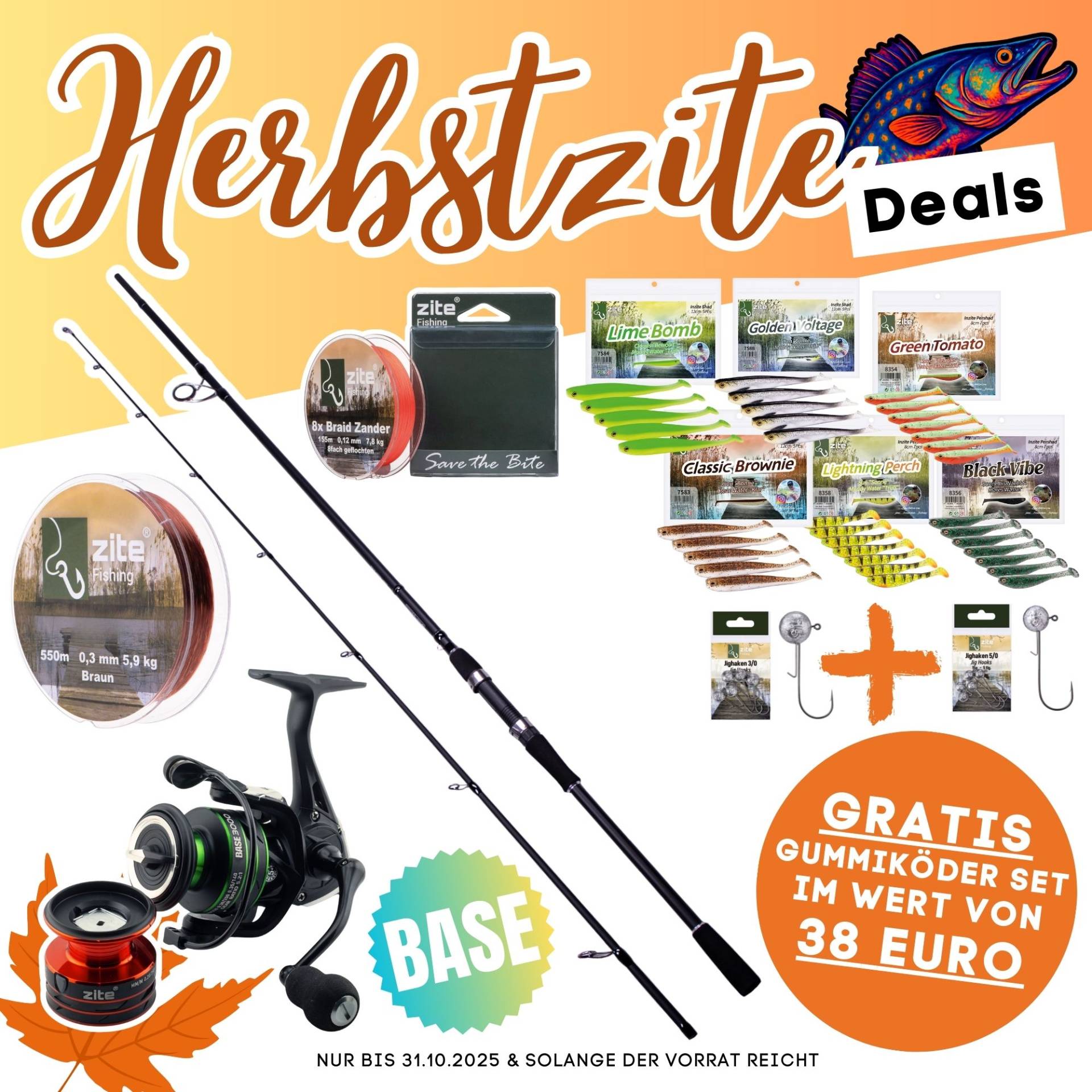 Zander Base Komplettset - Inzite Base Stick Zander, Spinnig Reel Base 3000, Angelschnur & GRATIS Gummiköder + Jighaken