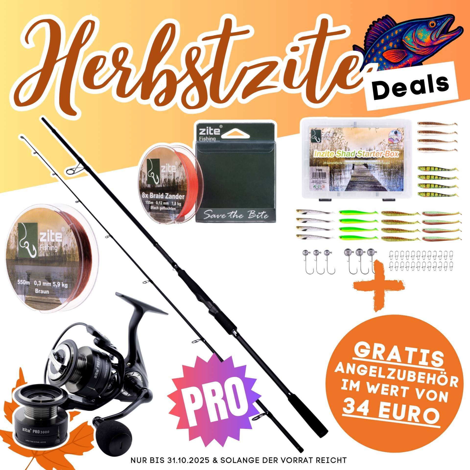 Zander Pro Komplettset - Inzite Pro Stick Zander, Spinnig Reel Pro 3000, Angelschnur & GRATIS Zubehör