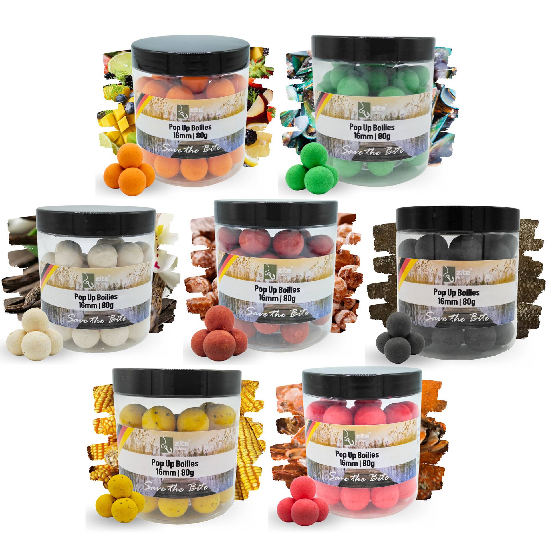 Zite Fishing 16mm Pop Up Set - 7 Aromen - Karpfen-Köder mit optimalen Auftriebseigenschaften