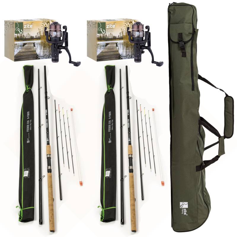Zite Fishing 2x Feederrute 3,30 m + 2x Freilaufrolle bespult + Rutentasche 1,50 m Zite Fishing 2x Feederrute 3,30 m + 2x Freilaufrolle bespult + Rutentasche 1,50 m