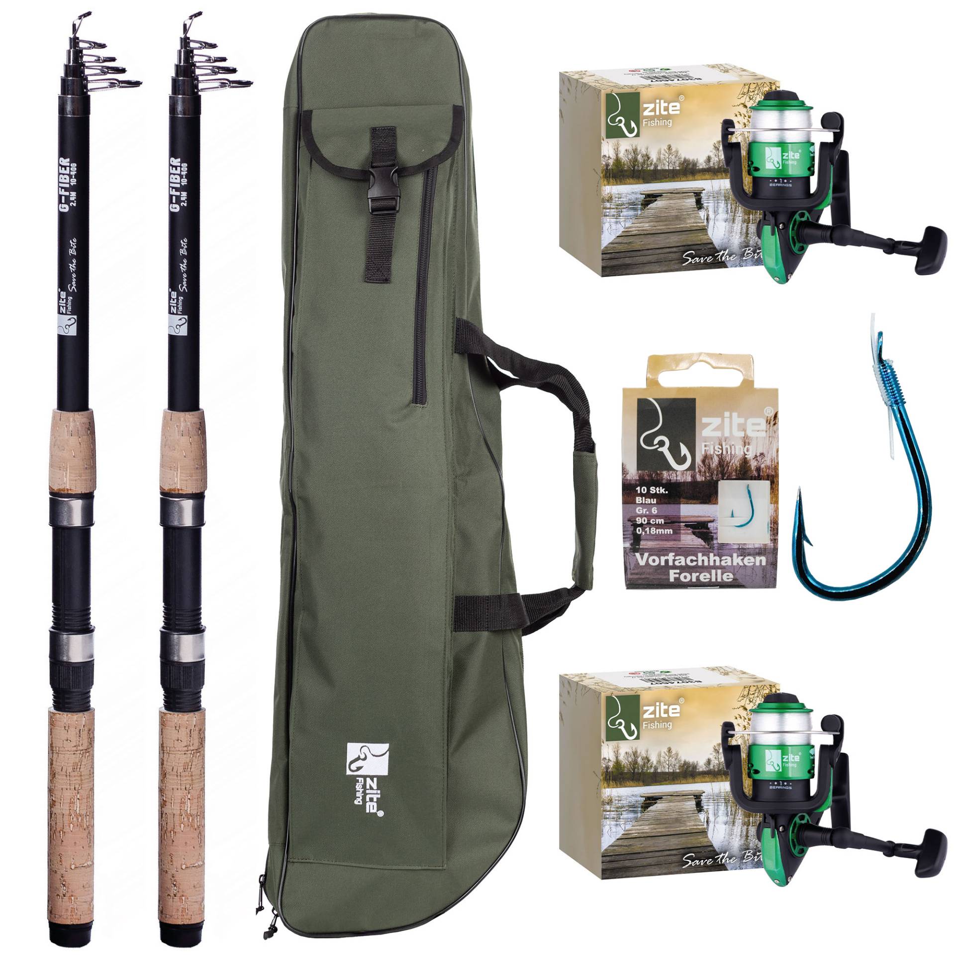 Zite Fishing 2x Teleskoprute 2,40 m + 2x Forellenrolle bespult + Rutentasche 1 m + Haken mit Schnur Forelle Gr. 6