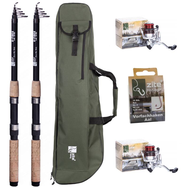 Zite Fishing 2x Teleskoprute 2,70 m + 2x Karpfenrolle bespult Base Reel 3000 + Rutentasche 1 m + Haken mit Schnur Aal Zite Fishing 2x Teleskoprute 2,70 m + 2x Karpfenrolle bespult Base Reel 3000 + Rutentasche 1 m + Haken mit Schnur Aal