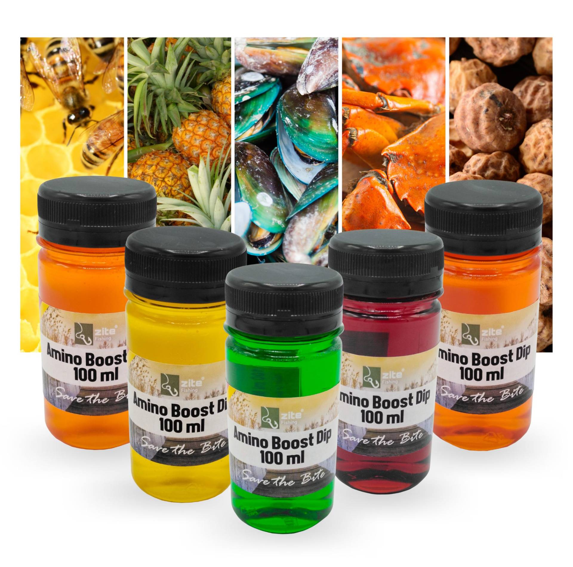 Zite Fishing Amino Boost Dip Set 5x100 ml - Intensiv & Schnelleinziehend - Für Boilies, Mais & Pellets