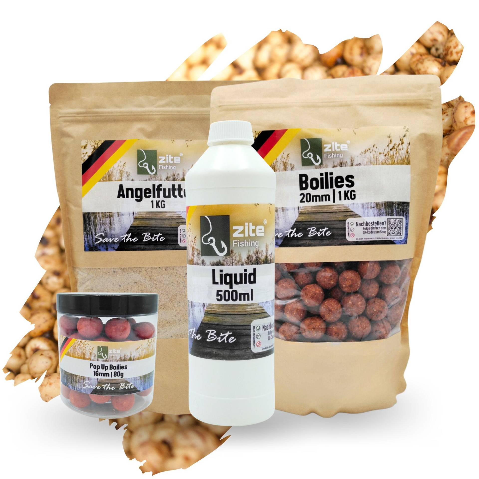 Zite Fishing Angelfutter Set 16mm Pop Up's, 20mm Boilies, 1 kg Grundfutter + und 500ml Liquid in Tigernussaroma