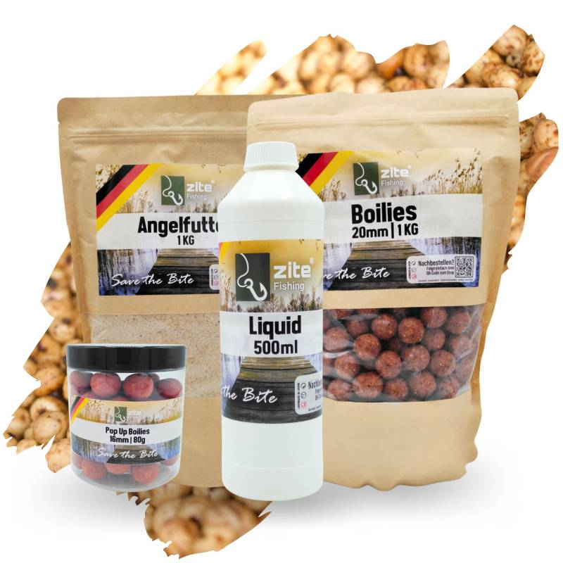 Zite Fishing Angelfutter Set 16mm Pop Up's, 20mm Boilies, 1 kg Grundfutter + und 500ml Liquid in Tigernussaroma