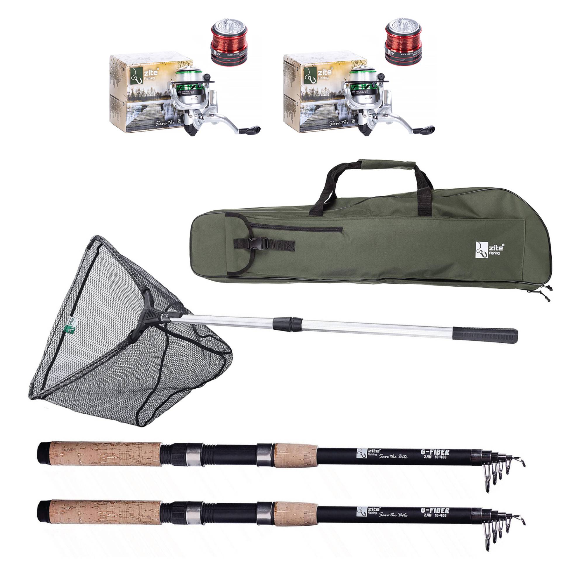 Zite Fishing Angelset für Karpfenangler und Einsteiger - 2 Angelruten mit Rollen, Kescher und Transporttasche