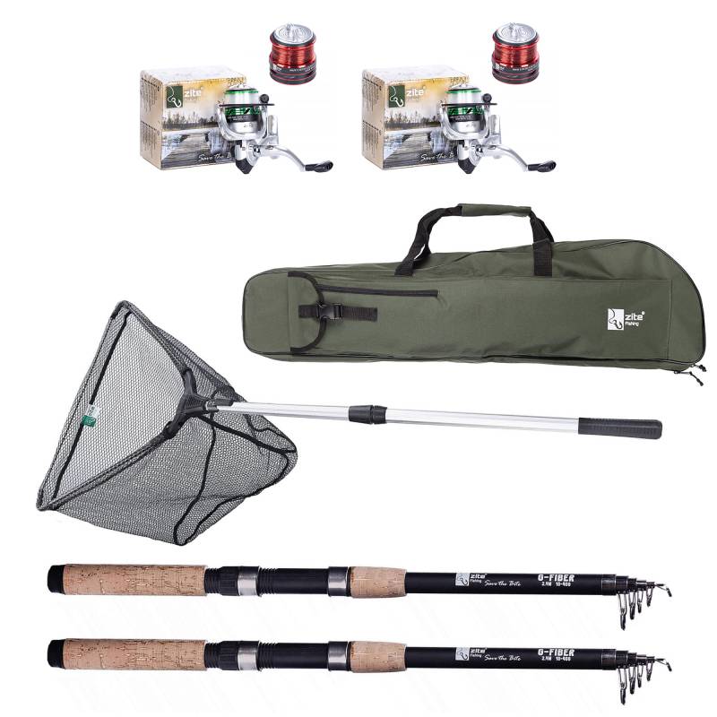 Zite Fishing Angelset für Karpfenangler und Einsteiger - 2 Angelruten mit Rollen, Kescher und Transporttasche