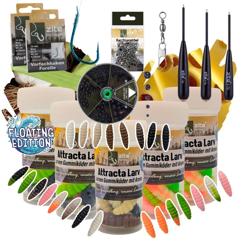 Zite Fishing Attracta Larv Passiv Starterset mit Bodentaster, Vorfachhaken, Karabinerwirbel und Gummiperlen Grundangeln