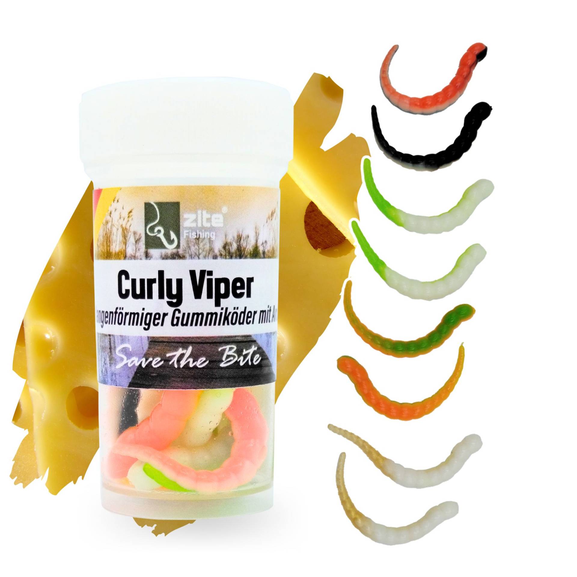 Zite Fishing Curly Viper Schock Mix Käse 6,5 cm Gummiköder für Forellen 8 Stück