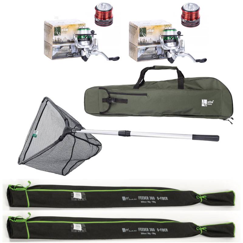 Zite Fishing Duo-Feederruten Set mit Angelrollen, Kescher und praktischer Rutentasche Zite Fishing Duo-Feederruten Set mit Angelrollen, Kescher und praktischer Rutentasche