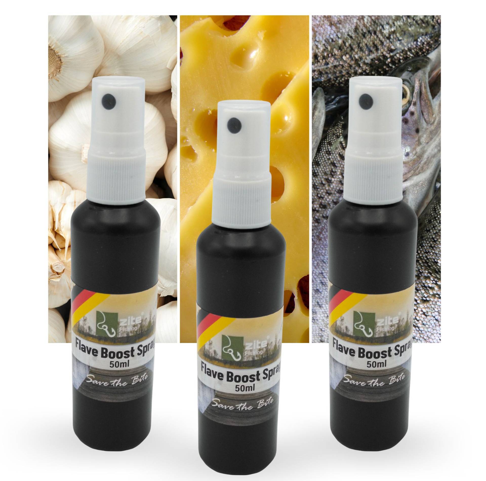 Zite Fishing Flave Boost Spray 3x50 ml Set Knoblauch, Käse, Fisch