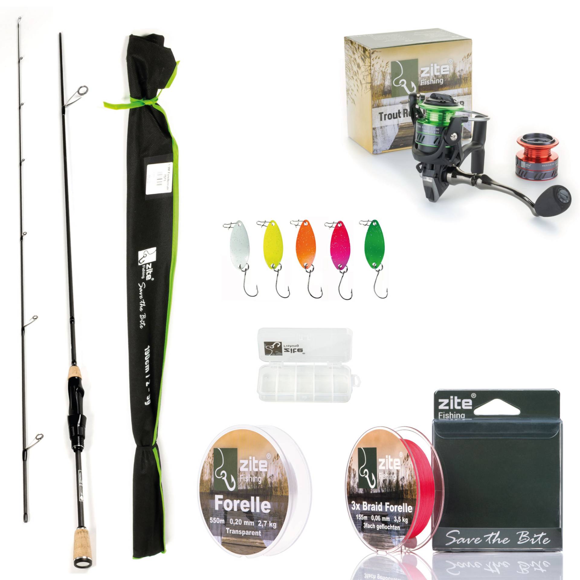 Zite Fishing Forellenrute 190cm + Angelrolle 1000 3+1BB + 3fach geflochtene Schnur + monofile Schnur + Spoons