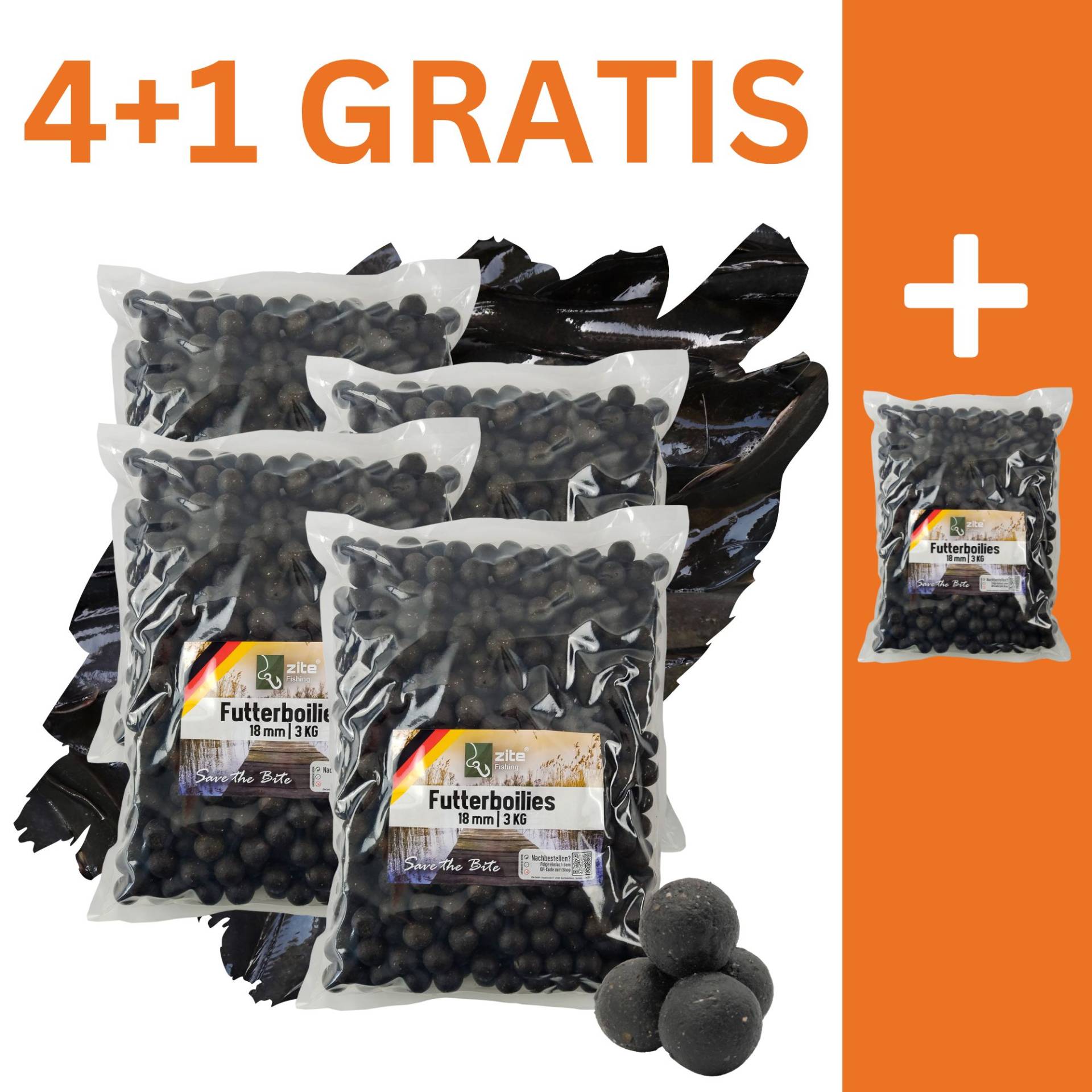 Zite Fishing Futterboilies Fisch schwarz 18 mm5x 3 kg 4+1 GRATIS