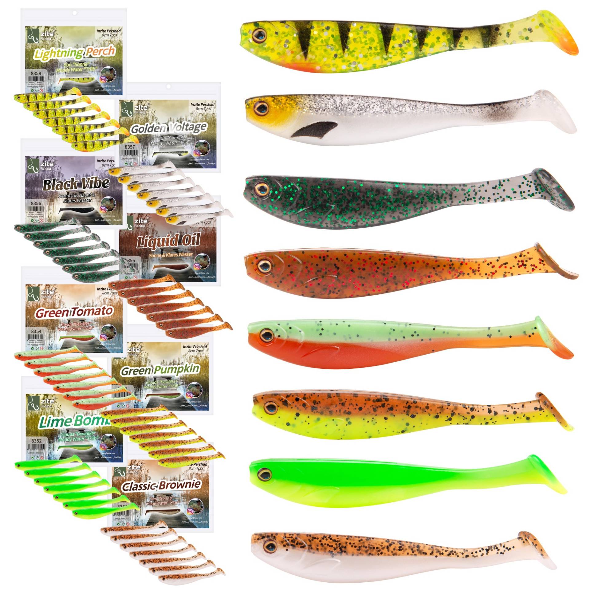 Zite Fishing Inzite Pershad Set 8 cm Softbait 56 Gummifische in 8 Farben Gummiköder Barsch