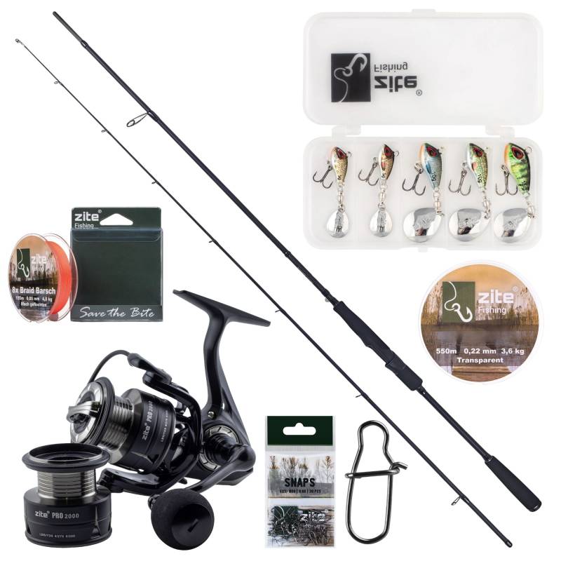 Zite Fishing Inzite Pro Stick Starter-Set Barsch Spinning Reel Pro 2000, Jigspinner Natur, 2 Schnüre & Snaps Zite Fishing Inzite Pro Stick Starter-Set Barsch Spinning Reel Pro 2000, Jigspinner Natur, 2 Schnüre & Snaps