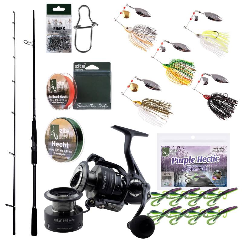 Zite Fishing Inzite Pro Stick Starter-Set Hecht Spinning Reel Pro 4000, Spinnerbait, 2 Schnüre, Snaps & Inzite Braw