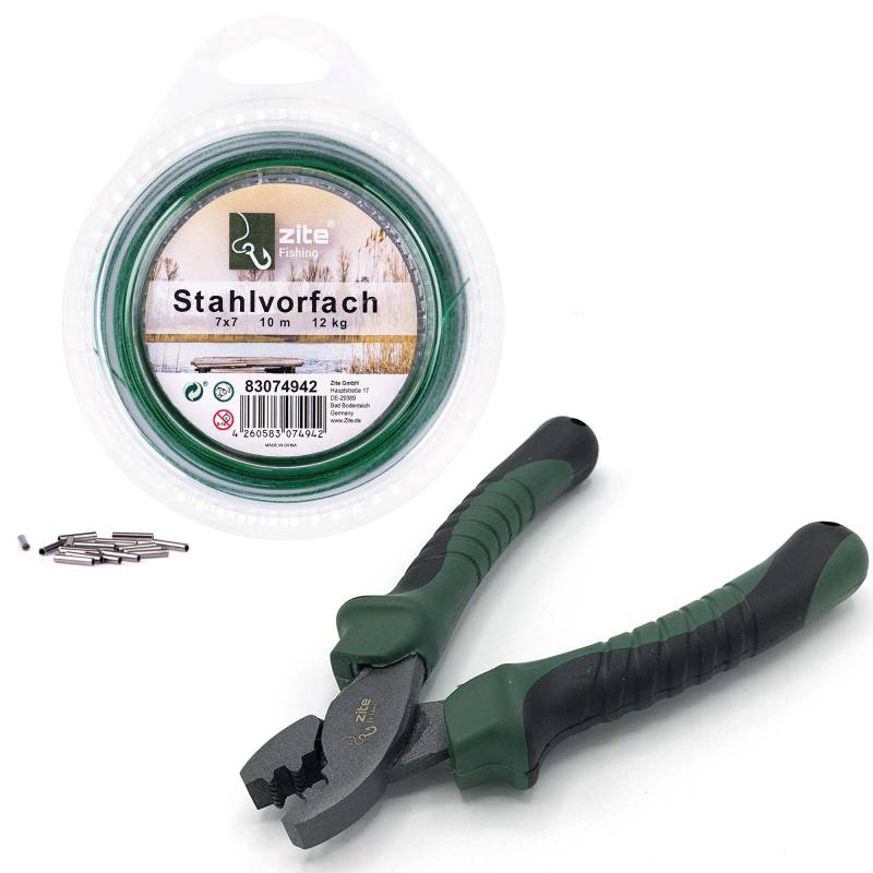 Zite Fishing Klemmhülsenzange 15 cm + Stahlvorfach auf Rolle 12 kg