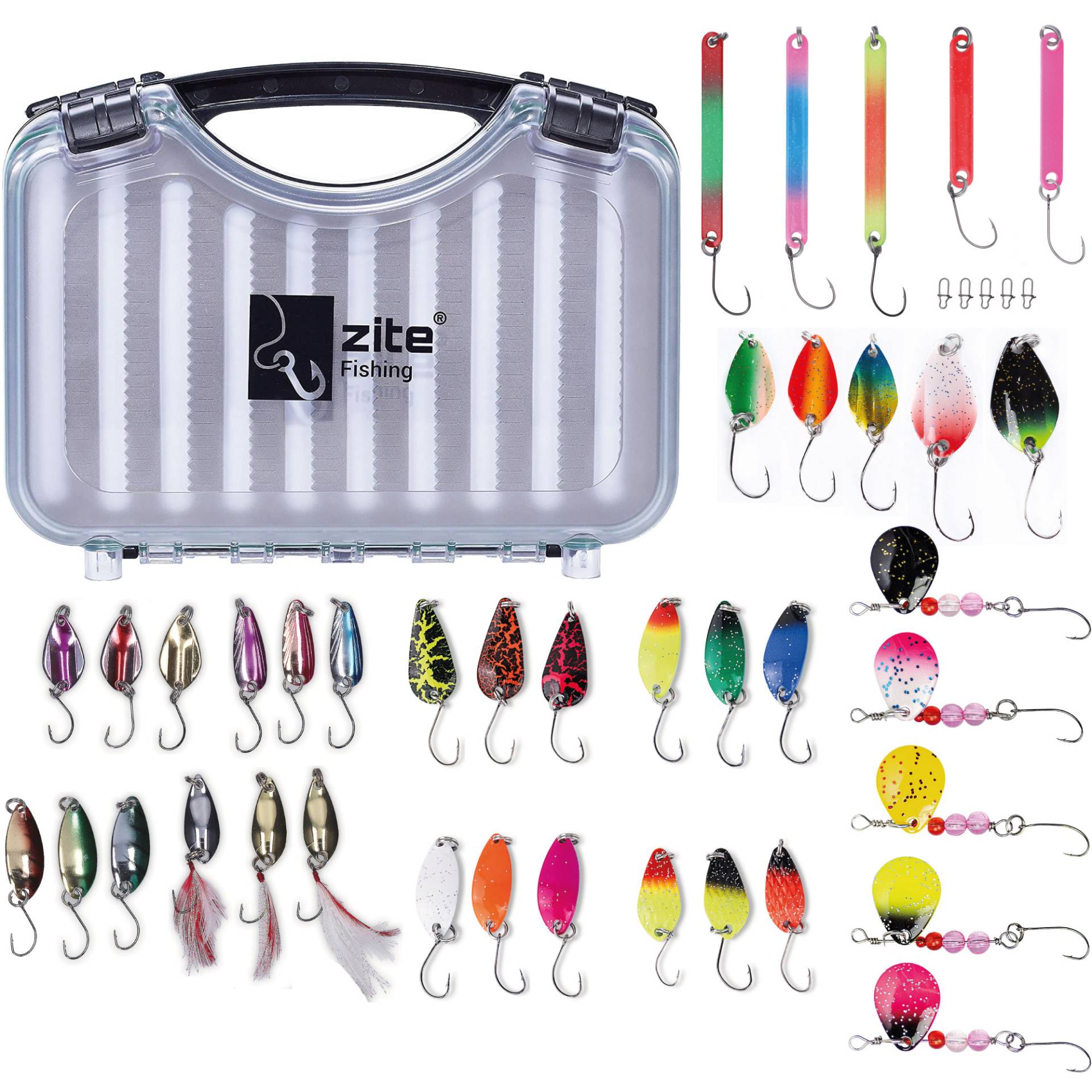 Zite Fishing Köderbox + 4 Forellen Spoon Sets + Spinner