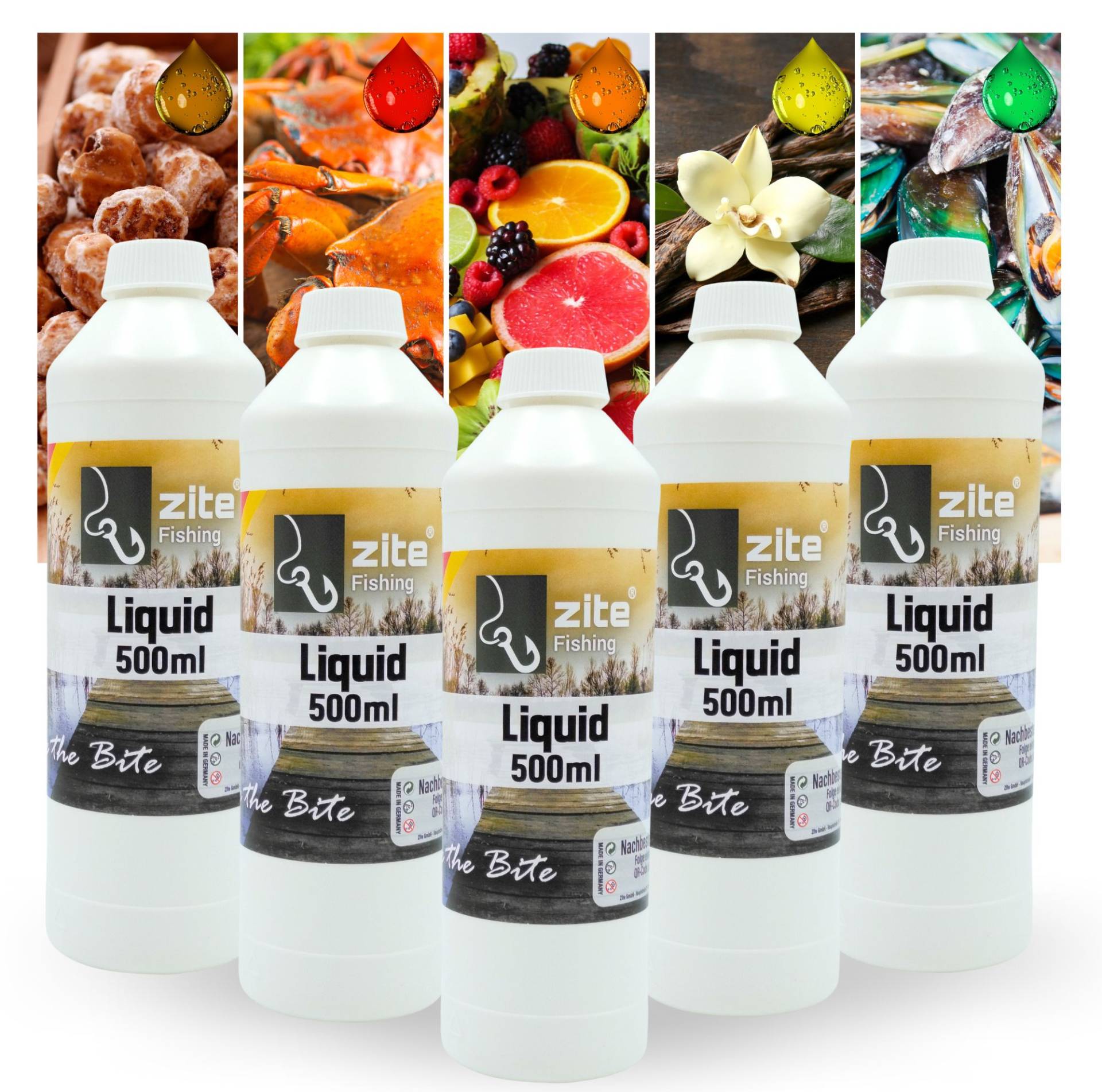 Zite Fishing Liquid Flüssigaroma 5er Set Tigernuss, Tutti Frutti, Vanille, Muschel & Monster Crab