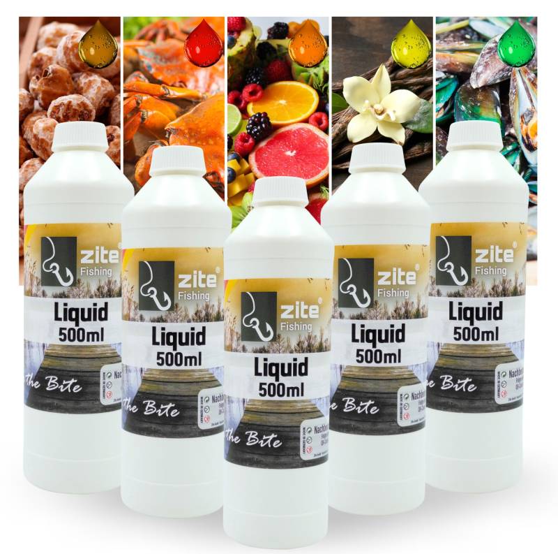 Zite Fishing Liquid Flüssigaroma 5er Set Tigernuss, Tutti Frutti, Vanille, Muschel & Monster Crab