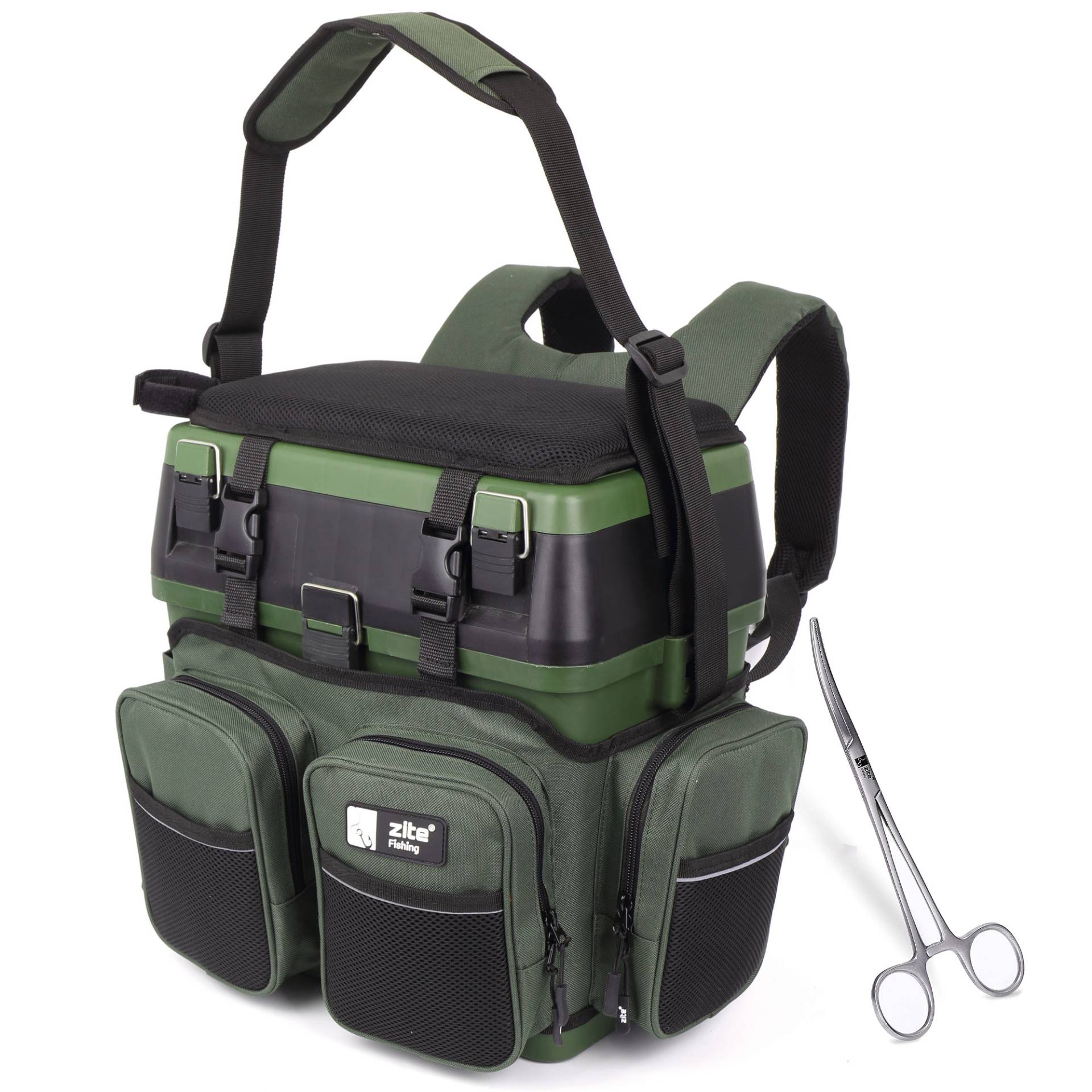 Zite Fishing Multi Angel-Koffer-Rucksack u. Sitz-Kiepe in 1 + Hakenlöser Zange Gebogen 18cm