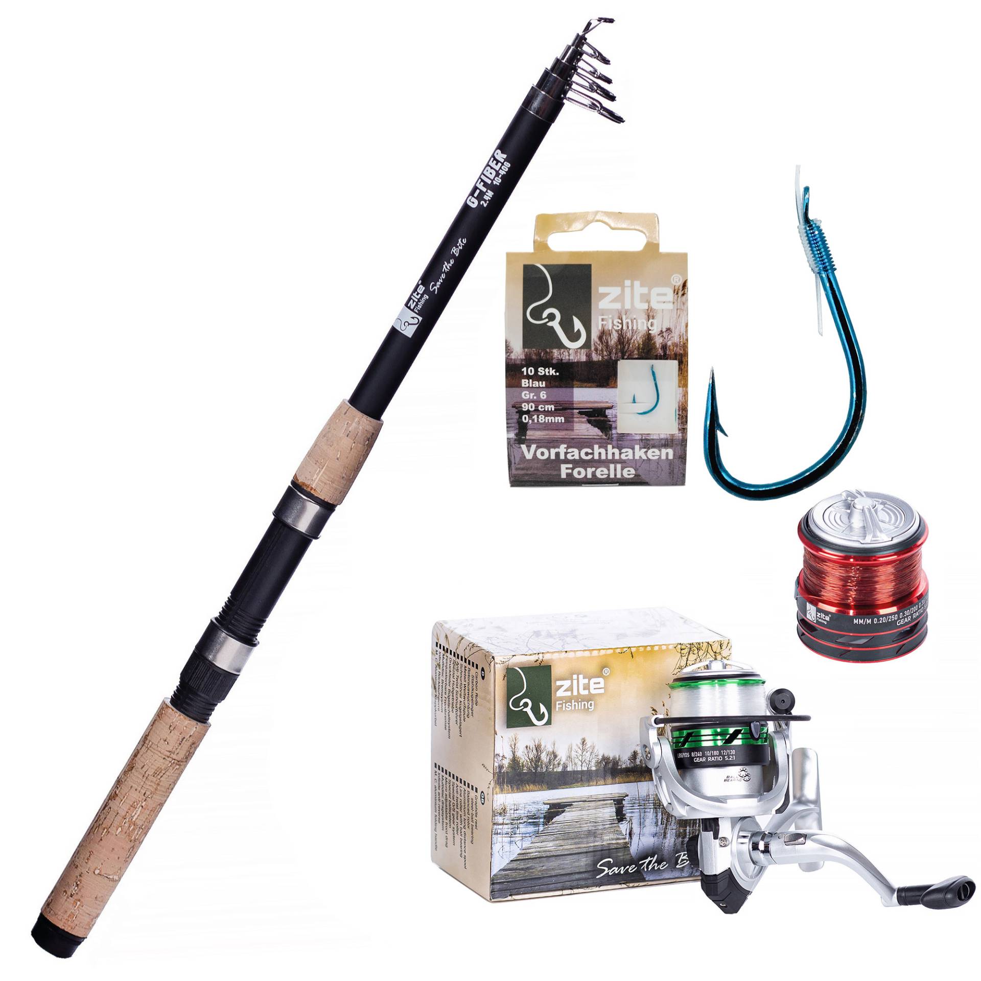 Zite Fishing Teleskoprute 2,40 m + Forellenrolle bespult Base Reel 3000 + Haken mit Schnur Forelle Gr. 6